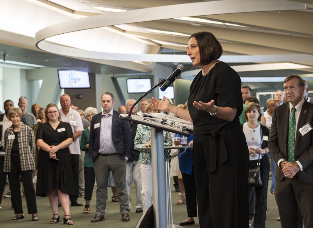 MSUFCU President and CEO, April Clobes, addresses a crowd at the MSUFCU Open House in April 2024.