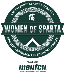 Women of Sparta logo in dark green and white with the MSUFCU logo centered below