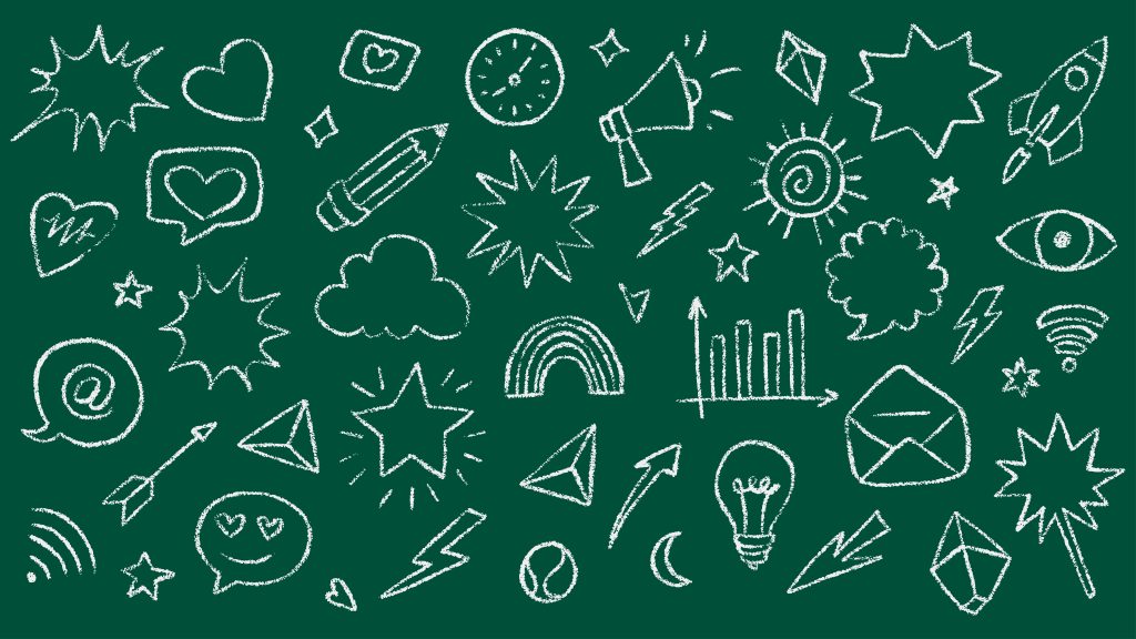 Illustration of simple white chalk drawings on a forest green background. Includes smiley face, lightning bolt, a rainbow, and more.